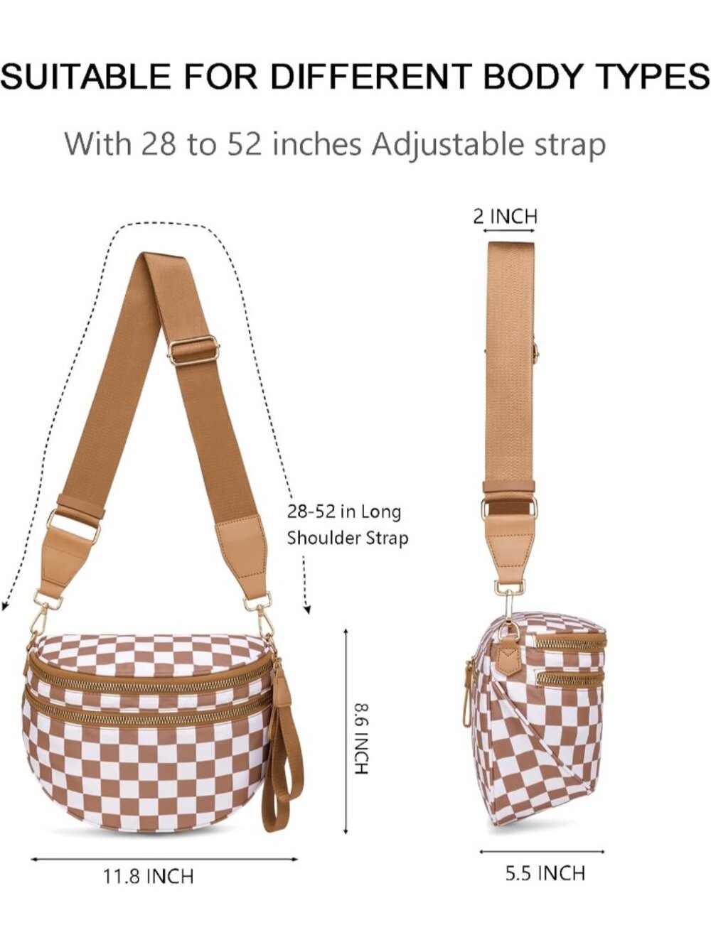Women's Brown Spacious Checkered Double-Zipper Compartment Fashion Crossbody Bag - Picture 3 of 6